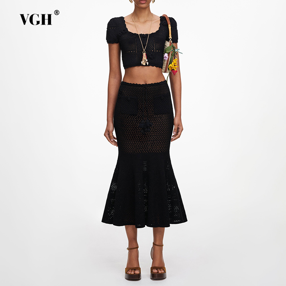 Crop Top Crochet - VGH 블랙 3D 플로럴 홀로우 니트