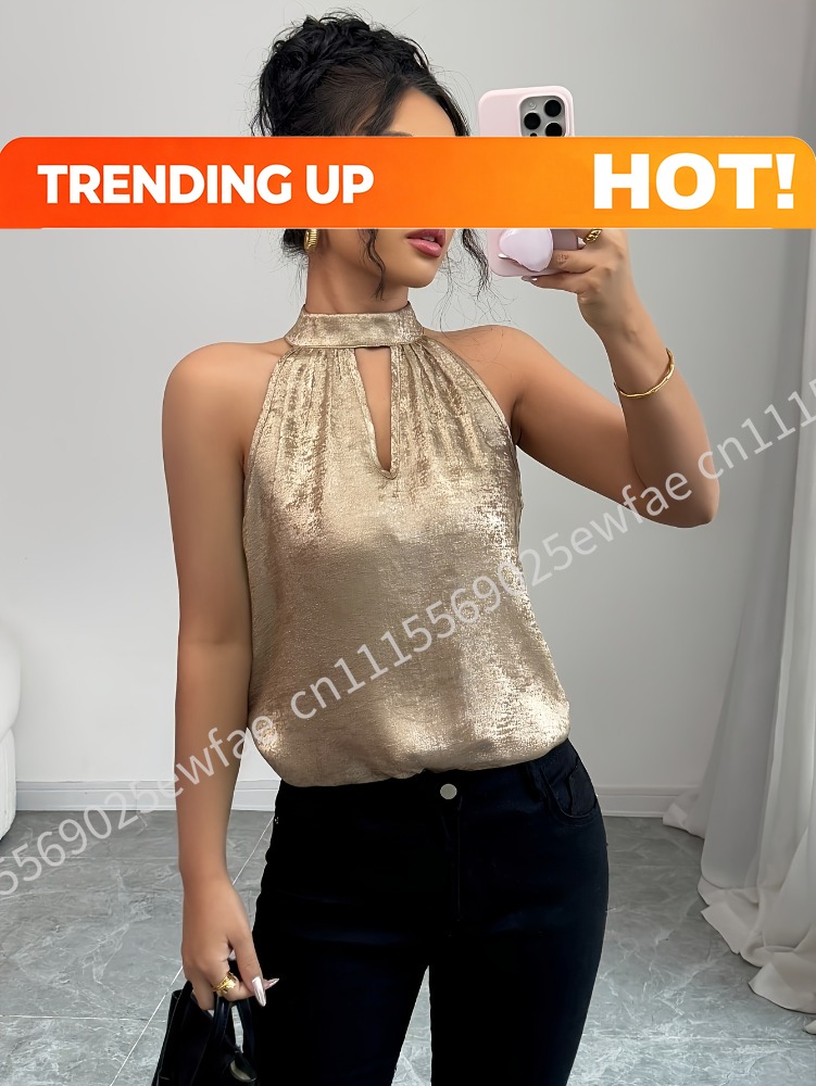 Blouse Off Shoulder - 샴페인 골드 샤이니 글로시 홀터넥 오프숄더