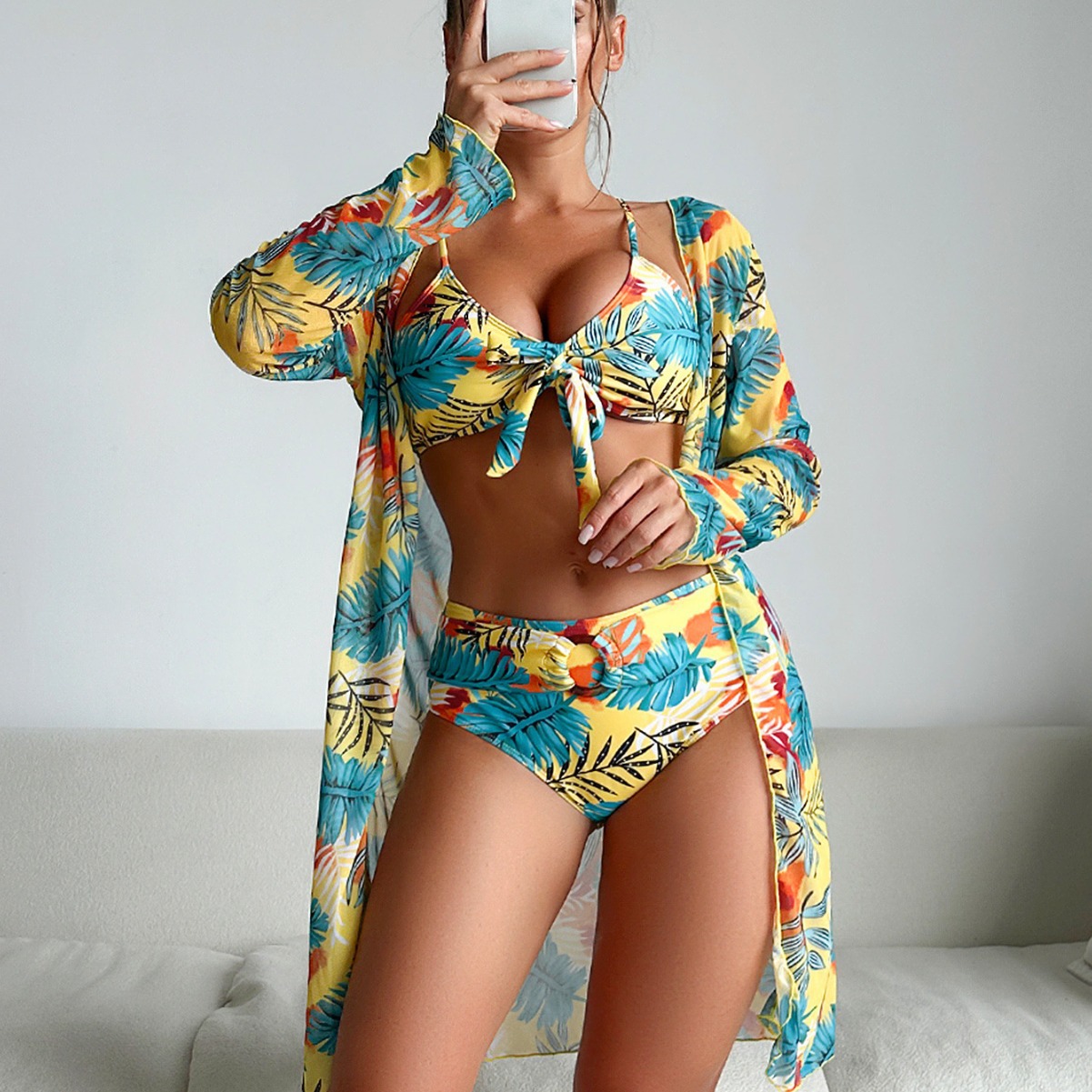 Kimono Sheer Floral - 여성용 3피스 꽃무늬 수영복 프론트 매듭