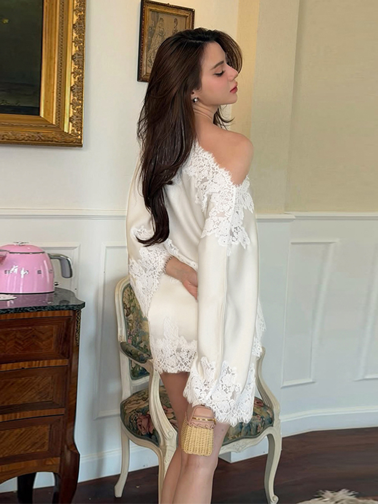 우아한 레이스 패치워크 여성 셔츠 스커트 세트 긴 와이 - Blouse Off Shoulder 리뷰 및 가격
