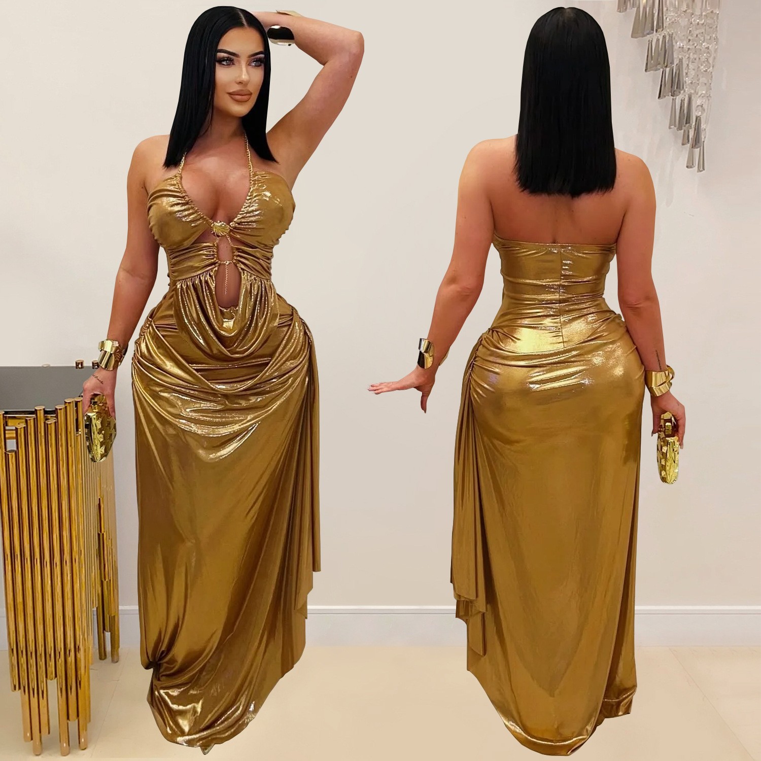 웨딩 게스트 드레스 이브닝 홀터넥 민소매 드레스 메탈릭 - Maxi Dress Halter 리뷰 및 가격