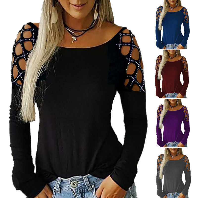 여성 오프숄더 긴소매 티셔츠 라인스톤 홀아웃 컷아웃 캐 - Blouse Off Shoulder 리뷰 및 가격