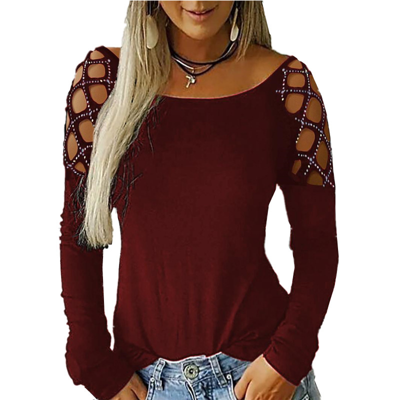 여성 오프숄더 긴소매 티셔츠 라인스톤 홀아웃 컷아웃 캐 - Blouse Off Shoulder 리뷰 및 가격
